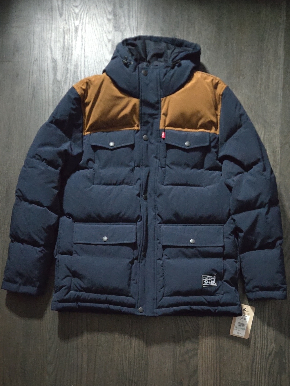 Levi Strauss Men's Size Large Navy and Brown Insulated Hooded Puffer Jacket